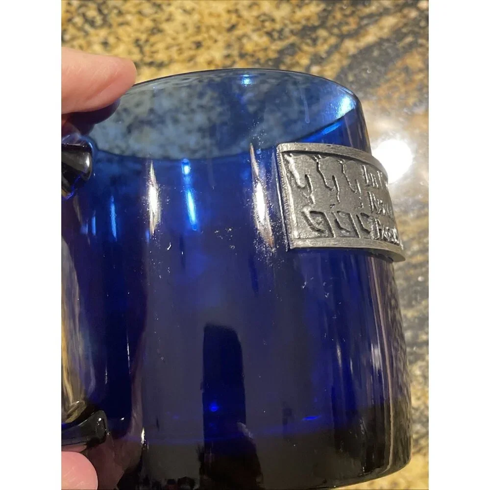 Hand Cast USA Pewter Plaque - Cobalt Blue Glass Cup Made In France Del Mar Horse